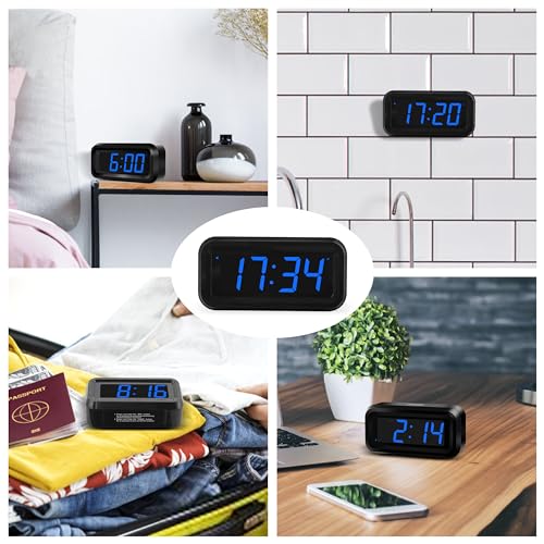 KWANWA Small Digital Alarm Clock, 1.2inch Dark Blue LED Digits, Adjustable Brightness, Dim Night Model, 12H/24H, Battery Operated, Wall Mount, Snooze, Clock for Kids Bedroom, Small Travel Clock - color: Black Case-dark Blue Led