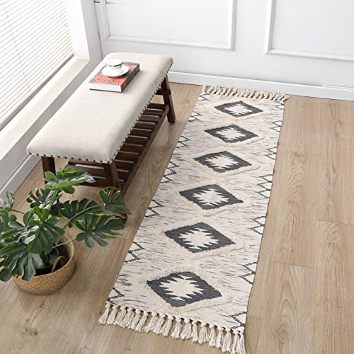 Boho Runner Rug 2'x6', Washable Hallway Rug Runner Non Slip Rubber Backed, Kitchen Farmhouse Area Rug Floor Mat with Tassels, Tufted Woven Cotton Entryway Carpet, Grey - color: Grey, size: 2' x 6' (Runner)