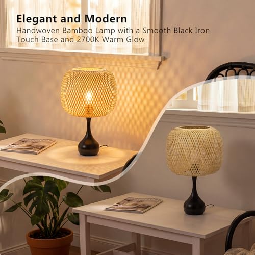ONEWISH Touch Bedside Lamp for Bedroom, 3-Way Dimmable Table Lamps for Nightstand, Handwoven Bamboo Shade Desk Lamp for Living Room, Home Office - color: Natural Bamboo Shade & Black Base
