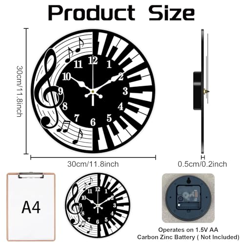 Piano Wall Clock Silent Non-Ticking 12" for Living Room Decor - color: Piano