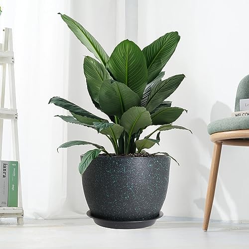 UOUZ 12inch Large Plant Pot, Modern Plastic Planter with High Driange Holes and Saucer for Indoor Outdoor Garden Plants and Flowers, Black with Green Speckles - color: Black With Green Speckles