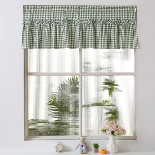 Silnuo Sage Green/White Plaid Gingham Ruffle Window Valance 52" W x 18" L - color: Green, size: 52"W x 18"L (Pack of 1)