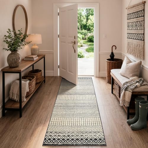 Black Boho Washable 2x6 Kitchen Runner Rugs Non Skid Washable 6Ft - color: Black, size: 2' x 6' (Runner)