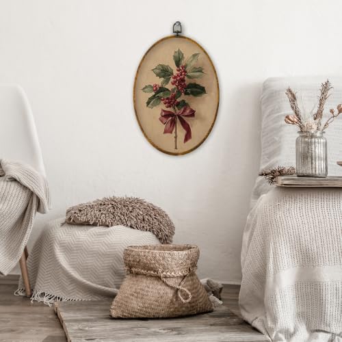 XPH Red Bow Holly Christmas Oval Wall Art Framed 8.6x11.4 Inch - color: Christmas56
