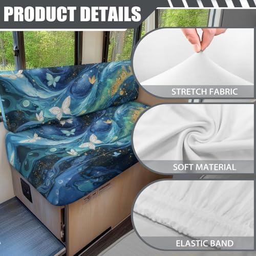 Butterfly Marble Blue Gold Print RV Dinette Cushion Covers 2 Pieces Scratch-Resistant Camper Seat Covers Dinette Booth Elastic RV Couch Cover Loveseat Sofa Chair Cover - color: Butterfly Marble Blue Gold