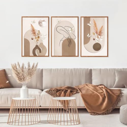 CHDITB Boho Neutral Framed Wall Art Beige Minimalist Line Art Woman Artwork - color: Beige, size: 24"L x 36"W