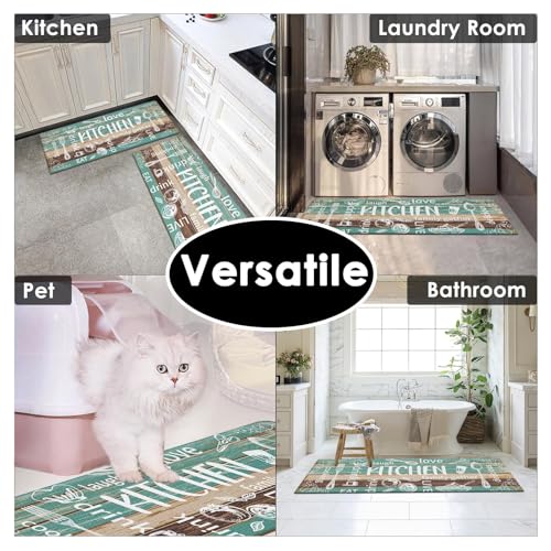 Arttown Anti-Fatigue Kitchen Rug Set of 2, Waterproof Non-Slip, Brown Teal - color: Knife and Fork Teal Kitchen Mat, size: 17.3 x 47 inch + 17.3 x 29 in
