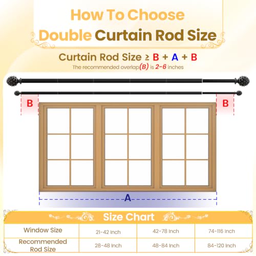 1" Double Layered Curtain Rod, Black, 28"-120" - color: Black, size: 28"-120"