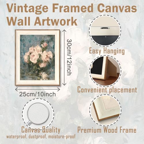 ASTRDECOR Framed Vintage Wall Art for Living Room, Vintage Floral Home Decor Aesthetic, Victorian Pink Rose Bouquet Oil Painting Blue Canvas Wall Art Prints, Antique Flower Pictures Blue Artwork for Living Room-10''x12'' - color: Pink Rose, size: 12"L x 1