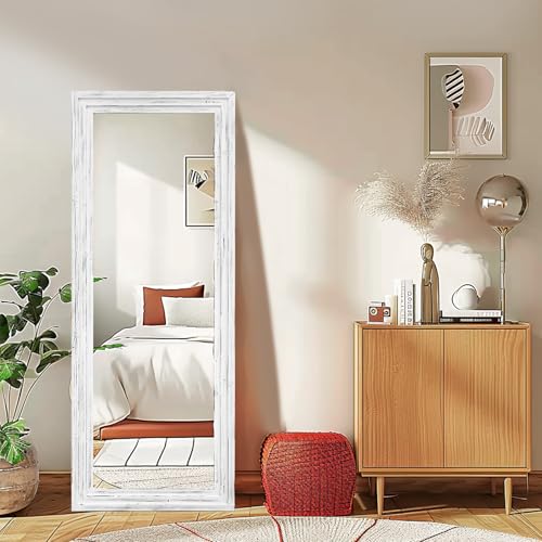 58x22in Full Length Mirror, 3-Tier Stepped Solid Wood Frame, White - color: White, size: 58"L x 22"W