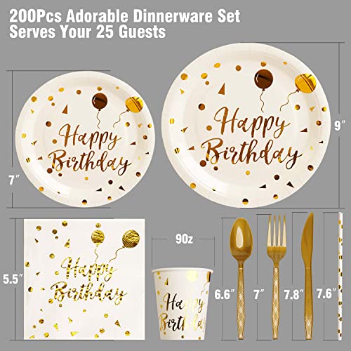 200 pieces of white and gold birthday party supplies, disposable happy birthday tableware set, gold plastic knives, forks, spoons, straws. Birthday themed tray, cup,25Guests(white) - color: White
