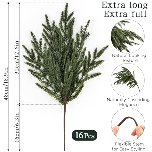16 Pcs Christmas Norfolk Pine Branches, Real Touch Stems Xmas Decorations