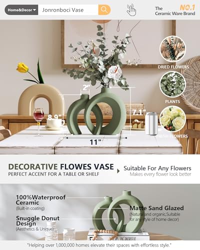 Set of 2 Sage Green Ceramic Vases for Home Decor Accents - Unique Hollow Donut Artistic Design Modern Boho Farmhouse Style Decorative Vases for Shelf, Mantel, Entryway Table Decor (Matte Green) - color: Matte Green