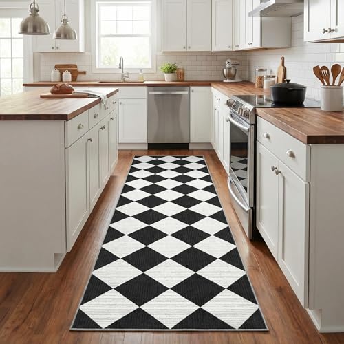 GarveeHome Checkered Hallway Runner Rug 2.5x8 Black and White Kitchen Rug - color: Black/White, size: 2'6" x 10' (Rectangular)