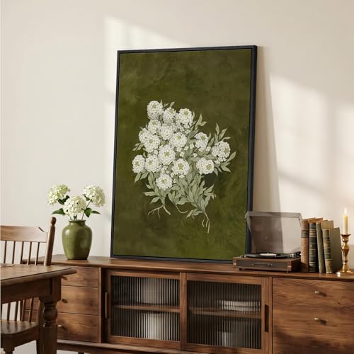 Large Framed Vertical Vintage Olive Green Floral Wall Art, 24x36 In 1 Piece - color: Olive Green, size: 36"L x 24"W