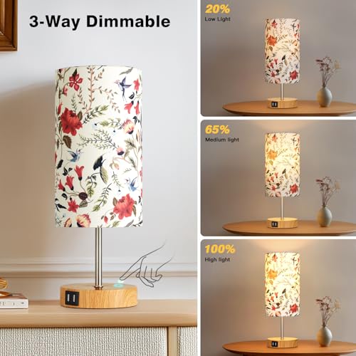 CINSARY Bedside Touch Lamp with Flower Fabric Shade, 3 Way Dimmable Wood Bedroom Lamp for Nightstand with 2 USB Charging Ports, Small Table Lamp for Living Room Reading Desk (LED Bulb Included) - color: Flower1-15" H