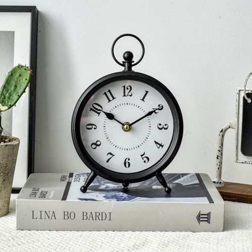 Vintage Non-Ticking Black Table Clock with Stand, Decorative Clock for Desk and Shelf, Rustic Farmhouse Style Mantel Timepiece - color: Black, size: 8.7"H