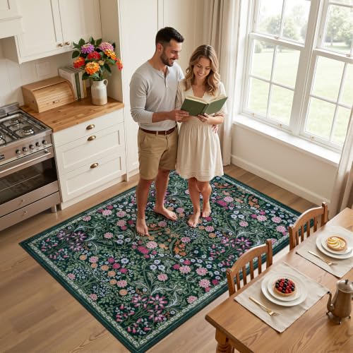 PLHXFR Area Rug Living Room: 3x5 Floral Washable Boho Carpet Dark Green - color: Dark Green, size: 3' x 5' (Rectangular)