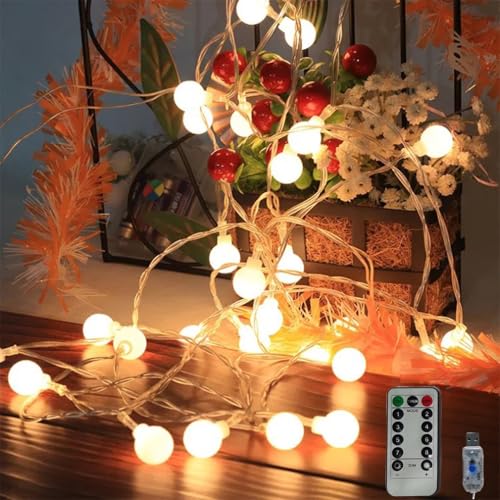 Globe String Lights, 32.8 FT 80 LED USB Powered Waterproof Timer 8 Modes Fairy String Lights with Remote for Bedroom Christmas Party Patio Garden Indoor Wedding Decor, Warm White, 10M