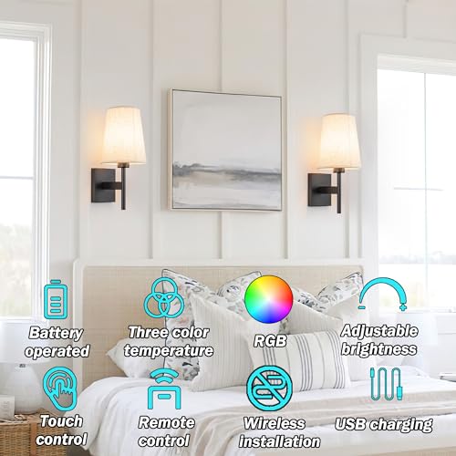 YHCDLAMP Battery Operated Wall Sconces Set of Two,Battery Operated Wall Lights with Remote, Fabric RGB Color Changing Dimmable Wall Lamp for Bedroom Living Room, Easy to Install (Color : Black) - color: Black
