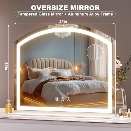 Hasipu Arch Vanity Mirror with Light, 24"x20" Arched Led Makeup Mirror with 10X Magnification, Tabletop Desk Mirrors with USB Charging Port, Dimmable 3 Colors Mode - size: 24"L x 20"W