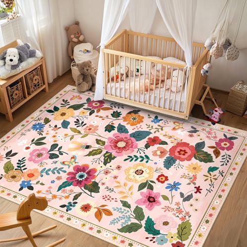 RELEANY Floral Washable 6x9 Area Rugs Pink - color: Pink, size: 6' x 9' (Rectangular)