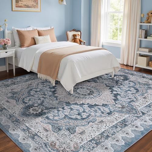 Macgace Washable Vintage Area Rug for Living Room, 6x9 Rugs Blue & Beige - color: Blue & Beige, size: 8' x 10' (Rectangular)