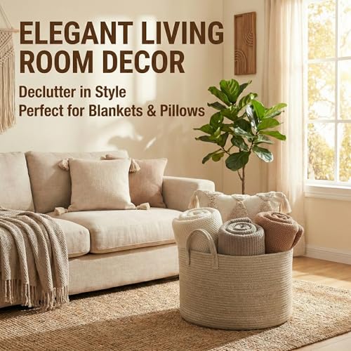 JMvicyroam 65L Extra Large Machine Washable Cotton Rope Blanket Basket - color: Oatmeal, size: 65L