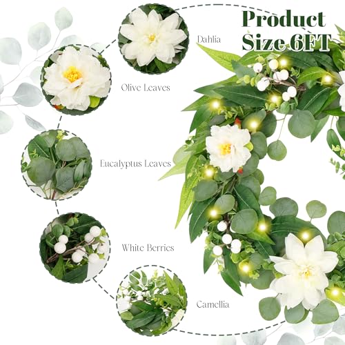 Artificial Eucalyptus Garland with Lights,Fairy Light Olive Leaves Vine Garland with White Flowers & White Berries, Bendable Mantle Garland for Indoor Outdoor Wedding, Home Decoration (9FT) - size: 9FT