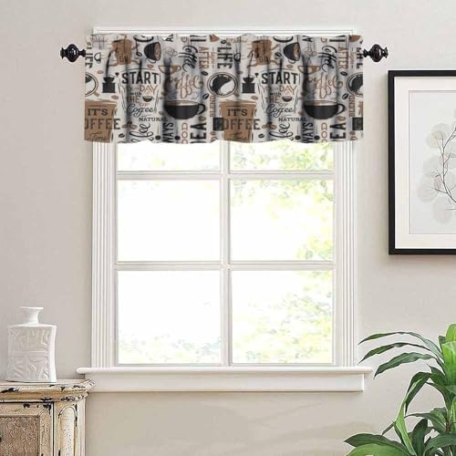 Coffee Valance Curtains, Fun Running Cup Coffee Beans Beige Retro Window Treatment Valance for Kitchen Dinning Room Living Room Cafe, 54x18 Inch - color: Coffee-1, size: 53"W x 18"L (Pack of 1)