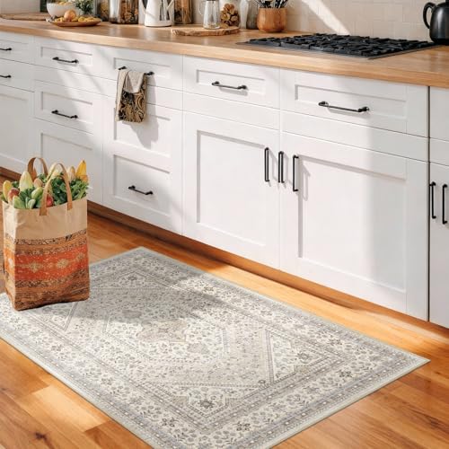 2x4 Washable Entryway Area Rug - Non-Slip Boho Throw Rugs Beige Gray - color: Beige/Gray, size: 2' x 4' (Rectangular)