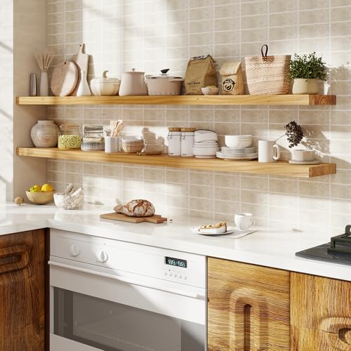 fuqing Floating Shelves for Wall, 72 Inch Rustic Solid Elm Wood Shelves - color: Natural Elm Flat Edge - 6.7"d, size: 72"L - 1Pack