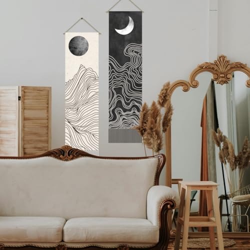 AHANDMAKER 2Pcs Boho Line Sun and Moon Tapestry, Black and White Sun Moon Long Vertical Tapestry Wall Hanging, Minimalist Abstract Tassel Wall Aesthetic Tapestry for Bedroom Living Room, 45.7x13Inch - color: Sun and Moon