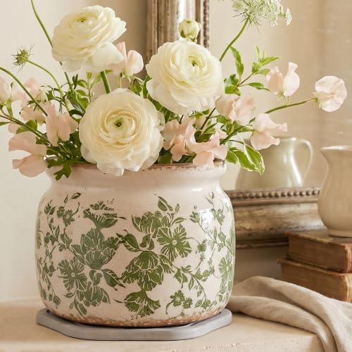 Tuscan Ceramic Planter with Decorative Tray, Plant Lover Gifts for Women - color: Classic Green, size: 7.7 in - w/ Saucer