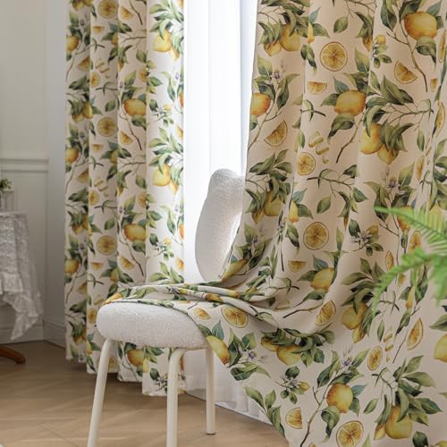 Blackout Curtains for Bedroom, Lemon Leaf Window Drapes 54 Inch Length for Living Room, Thermal Insulated Grommet Curtains, 2 Panels - color: Lemon, size: 52"W x 54"L (Pack of 2)