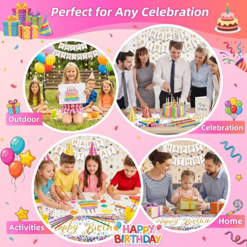 Happy Birthday Table Runner 13 x 72 Inch, Colorful Birthday Party Table Decorations with Banner and Gold Star Garland - color: White Suit