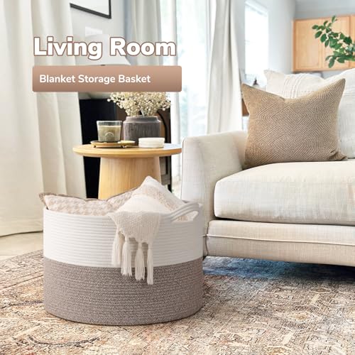Goodpick 65L Large Woven Rope Basket for Blankets Living Room, 65L - color: Mele, size: 19.7x19.7x12.6 Inch (Pack of 1)