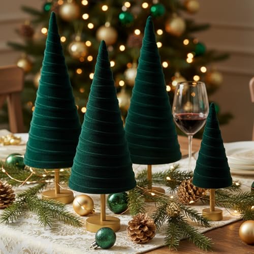 Hoolerry 4 Pcs Christmas Velvet Trees with Gold Pedestal, Green - color: Green