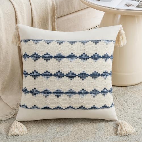 Fancy Homi Set of 2 Dusty Blue Vintage Decorative Throw Pillow Covers 16x16 Inch for Couch Bed Sofa Chair Bedroom, Rustic Retro Square Cushion Case with Tassels, Farmhouse Boho Living Room Décor - color: Dusty Blue, size: 16" x 16" (Pack of 2)