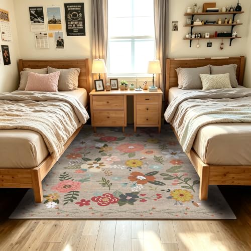 5x7 Floral Living Room Rugs: Machine Washable Soft Low Pile Floor Carpet for Farmhouse Bedroom Dining Room Stain Resistant Pet Friendly High Traffic Non-Slip All Hard Floors Indoor(Camel,5x7) - color: Camel, size: 5' x 7' (Rectangular)
