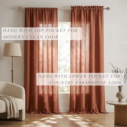 Mrs.Naturall Terracotta Boho Curtains for Living Room, Rustic Farmhouse Rod Pocket Linen Window Drapes, Semi Sheer Light Filtering Western Curtains 84 Inch Length 2 Panels Set, Rust Colored - color: Terracotta, size: 52"W x 84"L (Pack of 2)