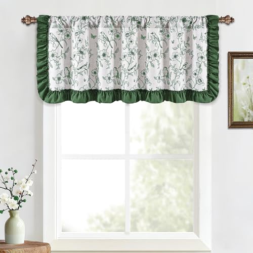 Yinhua Green Floral Valances for Windows with Ruffle, Farmhouse French Linen Window Valances Curtains, Light Filtering Rod Pocket Kitchen Curtains Valance for Living Room Bathroom, 52" W x 18" L - color: Green, size: 52"W x 18"L (Pack of 1)