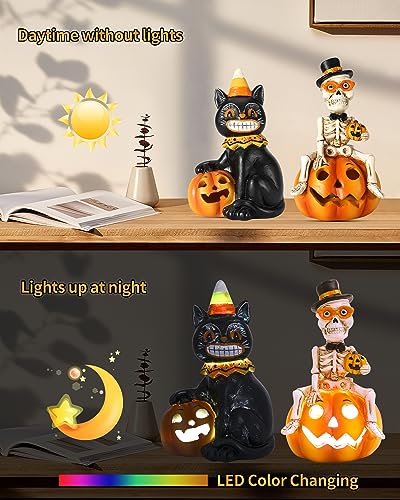 iStatue Halloween Decorations Indoor, 2-Pack Resin Black Cat & Skeleton on Pumpkin with Jack-o’-Lantern Lights Gift for Fireplace Tabletop Party Tiered Tray Decor (Skeleton & Cat)