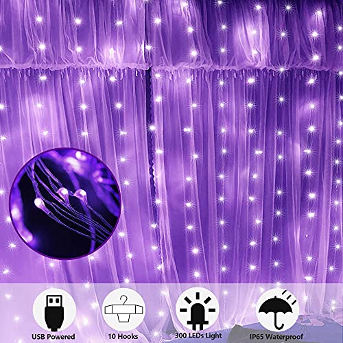 HOME LIGHTING Window Curtain String Lights, 300 LED 8 Lighting Modes Fairy Copper Light with Remote, USB Powered for Halloween Christmas Bedroom Party Wedding Home Garden Wall Decorations, Purple - color: Purple
