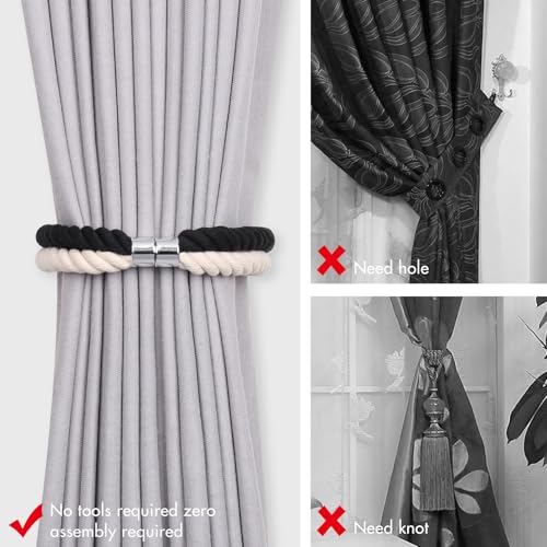 NICEEC Cotton Rope Magnetic Curtain Tiebacks, 2 Pack, Black & Beige - color: Black & Beige, size: 2 Pack