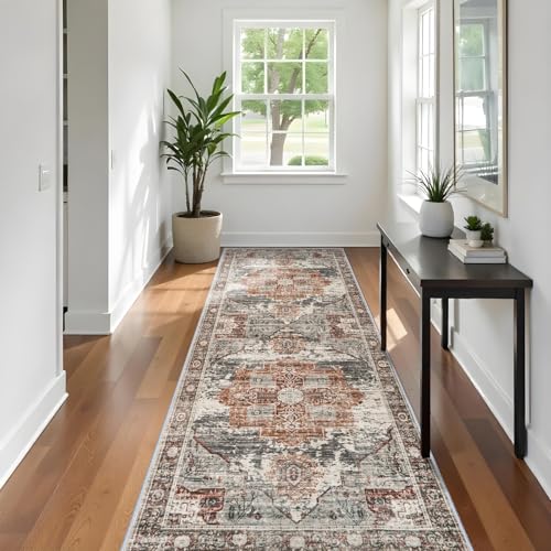 RUUGME Rug Runners 3x10 - Washable Hallway Rugs for Living Room Soft Carpet Vintage Tribal Rugs for Bedroom Kitchen with Non Slip Backing Home Decor Floor Decoration Mat 3x10 Brick - color: Brick, size: 3' x 10' (Runner)