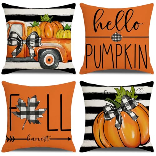 Fall Throw Pillow Covers for Home Strip Pumpkin Pillowcase 18x18 Set of 4 - color: Fall 01