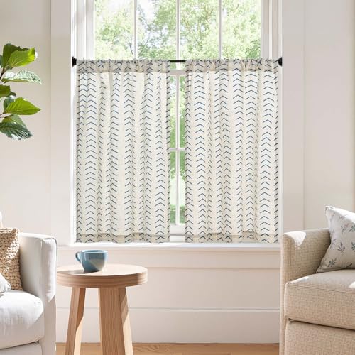 jinchan Blue Boho Linen Kitchen Tier Curtains 36 Inches Rod Pocket 2 Panels - color: Arrow | Blue on Linen, size: 26"W x 36"L (Pack of 2)