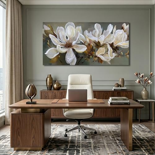 Flower Wall Art - Large Textured Floral Canvas Paintings for Living Room Decor, White Flower Pictures Wall Art, Vintage Wall Art for Living Room, Flower Pictures Wall Decor 24×48In - color: Brown, size: 48"L x 24"W