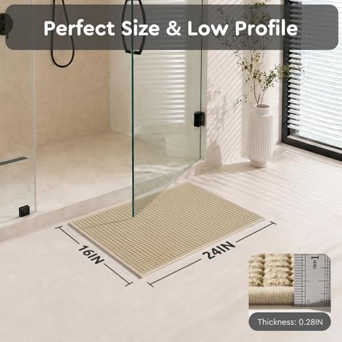 tchdio Bath Mat, Absorbent Bathroom Mat Quick Dry, Thin Bathroom Rugs Fit Under Door, Non Slip Washable Bath Rugs with Solid Rubber Backing, Low Profile Bath Mats for Bathroom, Beige, 16" x 24" - color: Beige, size: 2' x 1'4" (Rectangular)